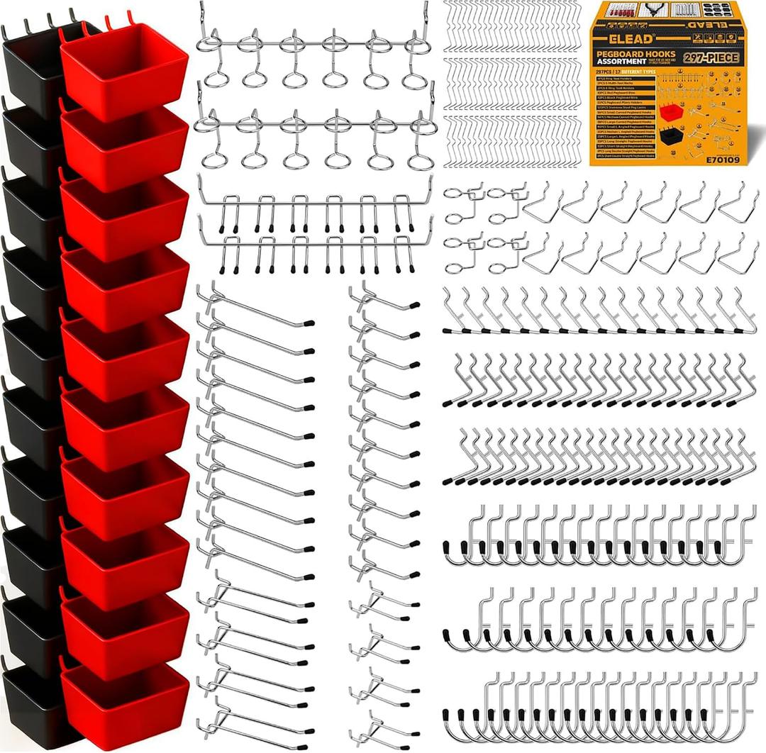 ELEAD 297 Piece Pegboard Hooks Kit, Peg Board Organizer Accessories with Bins for Organizing Various Tools, Fit 1/8 or 1/4 inch Pegboard for Hanging Storage, Garage, Workshop & Craft Room