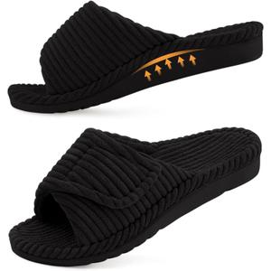 Litfun Orthopedic Slippers for Women Arch Support Indoor House Slippers Adjustable Open Toe Corduroy Bedroom Shoes with Memory Foam for Plantar Fasciitis, Black 40