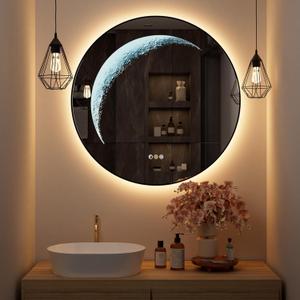 24'' Round Bathroom Mirror with Light, Black Circle Mirror with Backlit & Half Moon Light, Anti-Fog, Dimming Wall-Mounted LED Vanity Mirrors for Bathroom, Home Decor, Entryway (Balck Frame)