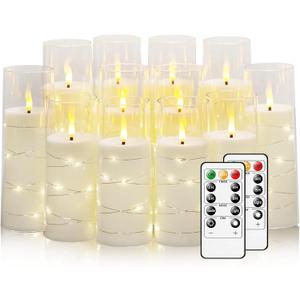 Flameless Candles with Embedded Star String, 12 Pcs Battery Operated LED Pillar Candles with Remote and Timer, Suitable for Home Decor, Party, Christmas & Wedding (White)