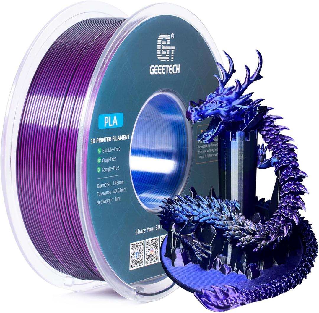 Geeetech Silk PLA Tri Color Filament 1.75mm 3D Printer Filament, Coextrusion Blue Purple Black Tri-Colors Metal-Like Shiny Silk PLA Filament, 1kg (2.2lbs) 1 Spool, Dimensional Accuracy +/- 0.02 mm