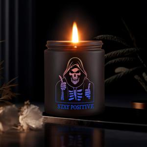 Scented Candle for Men with Color Sensor Light, Stay Positive Skeleton Man Black Aromatherapy Candles, Natural Hand Poured, 7 oz Soy Candle Gift for Christmas