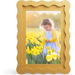 5x7 Picture Frame with Mat for 4x6, Wavy Edge Wooden Real Glass Photo Frame for Tabletop and Wall Hanging, Yellow, 1 Pack