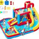Bounce House with Slide & Blower, Inflatable Water Park Bouncy Castle with Climbing Wall, Ball Pit & Water Cannon for Indoor Outdoor Backyard Play