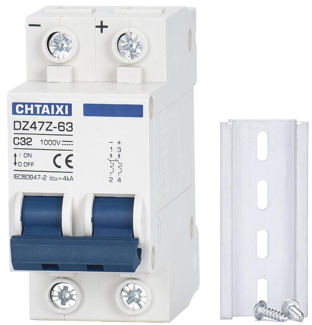 DC Miniature Circuit Breaker, 2 Pole 1000V 32 Amp Isolator for Solar PV System, Thermal Magnetic Trip, DIN Rail Mount, Chtaixi DC Disconnect Switch C32