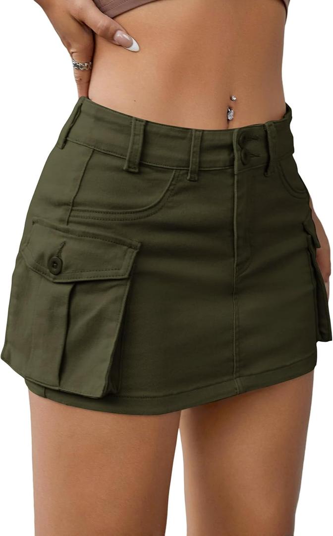 EARKOHA Women's Mini Cargo Skirt Y2K Low Waist Button Short Bodycon Denim Jean With Flap Pockets (X-Large, A-dark Green)