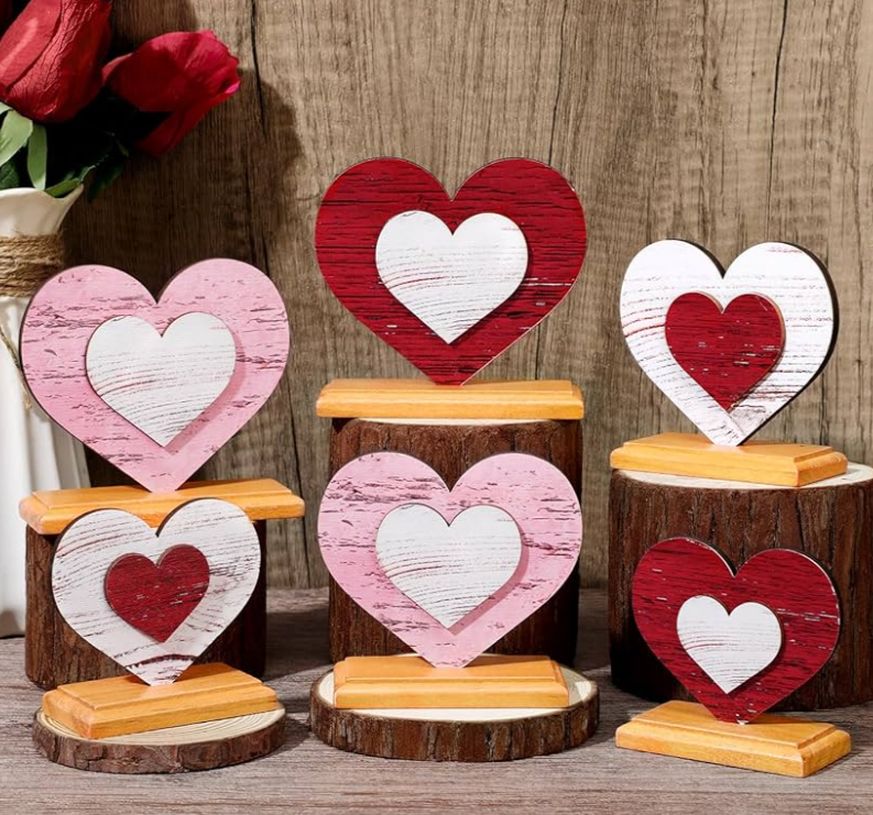 6 Pcs Valentine's Day Decor Wooden Heart Shaped Table Signs Farmhouse Wood Heart Table Decorations Sign Standing Wooden Tiered Tray Decoration for Valentine Day Ornaments(Classic)