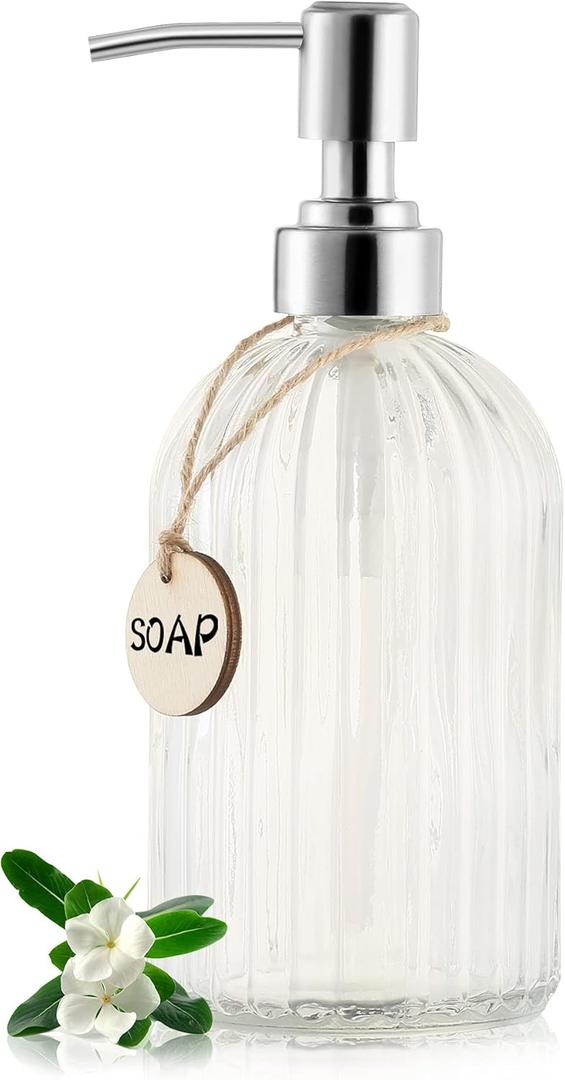 MOCLIF 16 OZ Soap DispenserTempered Glass Clear Vertical Stripe with 304 Rust Proof Stainless Steel Pump Refillable Liquid Hand Soap Dispenserfor Bathroom, Kitchen, Dish SoapLotion (Clear) (White)
