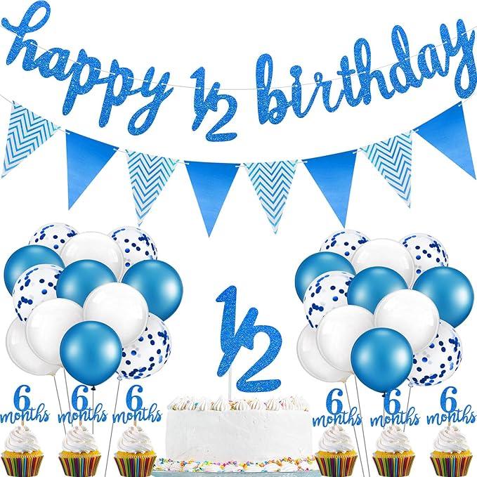 1/2 Half Birthday Decorations 6 Months Outfit Baby Boy Banner Cupcake Topper Triangle Flag Banner Confetti Balloons Cake Topper for Girl Boy Baby Shower(Dark Blue)