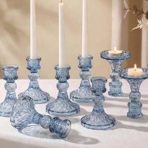 Glass Candle Holder Set of 12, Blue Taper Candle Holders Bulk, Vintage Candlestick Holders, Candle Stick Holder for Table Centerpieces, Wedding, Festival & Home Decor