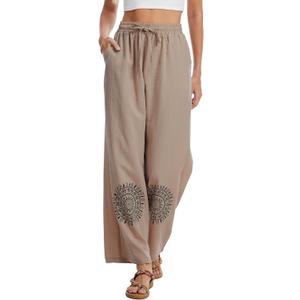 Demoking Cotton Linen Pants Women Straight Leg Casual Loose Drawstring Hippie Beach Vacation Clothes (S)