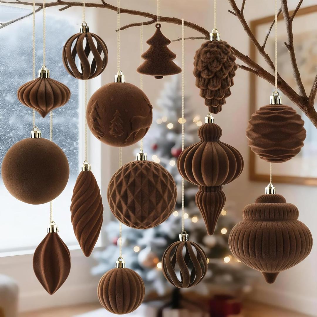18Pcs Velvet Christmas Tree Ornaments Set, Brown Flocked Hanging Christmas Balls Ornaments, Shatterproof Decorative Hanging Balls Vintage Decorations Assortment for Xmas Tree Holiday Home Party Decor