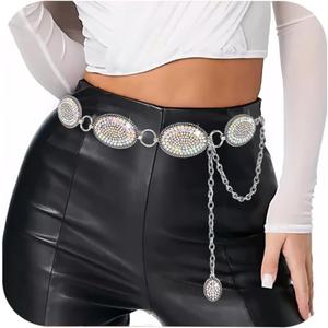 Bling Rhinestone Concho Belt Heavy Metal Western Crystal Chain Belt Cowgirl Sparkly Waist Chain for Women Dress (Full-wrap Low Waist 3234", Silver-colored Crystals)