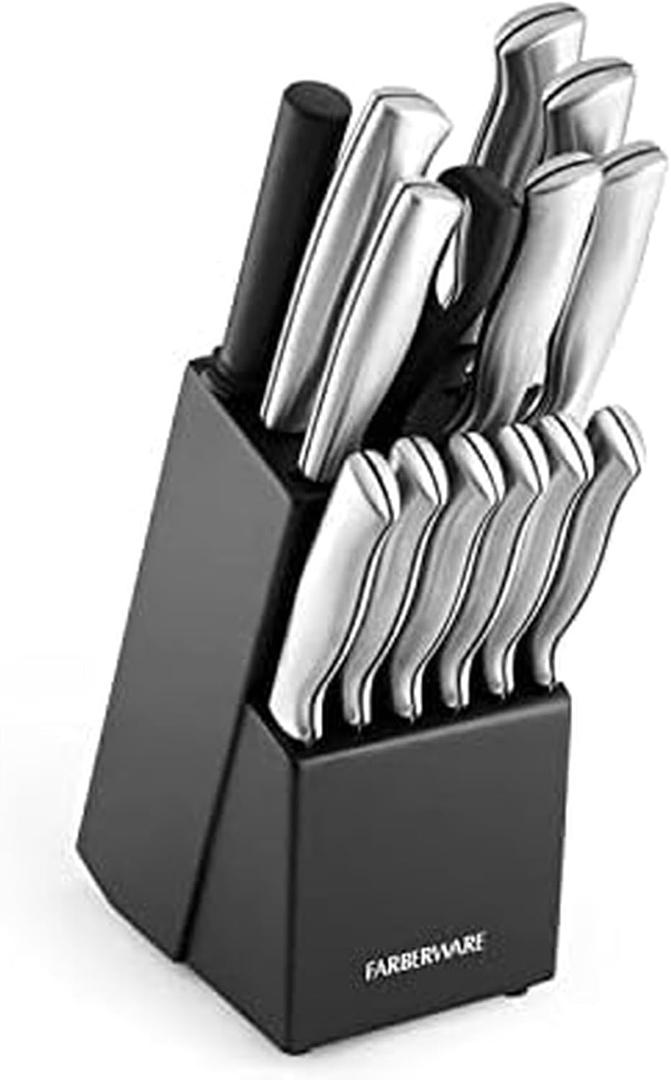 Farberware 15-Piece Kitchen Knife Set, High-Carbon Stainless Steel Blades with Wood Block, Steak Knives, Sharpening Tool & All-Purpose Shears, Razor Sharp, Ergonomic Stainless Steel Handles (Black)