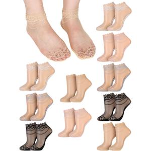 10 Pairs Womens Lace Ankle Socks Non Slip Low Cut and No Show Lace Socks Sets for Loafers Flats (One Size Short, Classic)