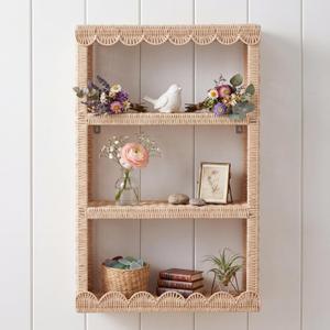 Pinkunn Scalloped Rattan Wall Hanging Storage Shelf Boho Wall Decor and Woven Walls Shelf, Decorative Rattan Floating Shelves for Bohemian Style House, Cute Walls Art Above Couch or Bed