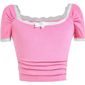 Milumia Girl's Cute Y2K Ribbed Lace Trim Bow Short Sleeve T-Shirts Ruched Square Neck Tee Tops 8Y
