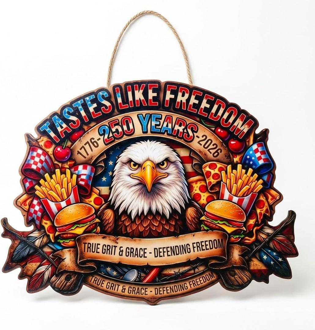 USA 250th Anniversary Wooden Door Sign, 1776-2026 Commemorative Bald Eagle Patriotic Wall Hanging Decor, Cheers to Freedom Party Wreath for July 4th Home Porch Decor(250year-3)