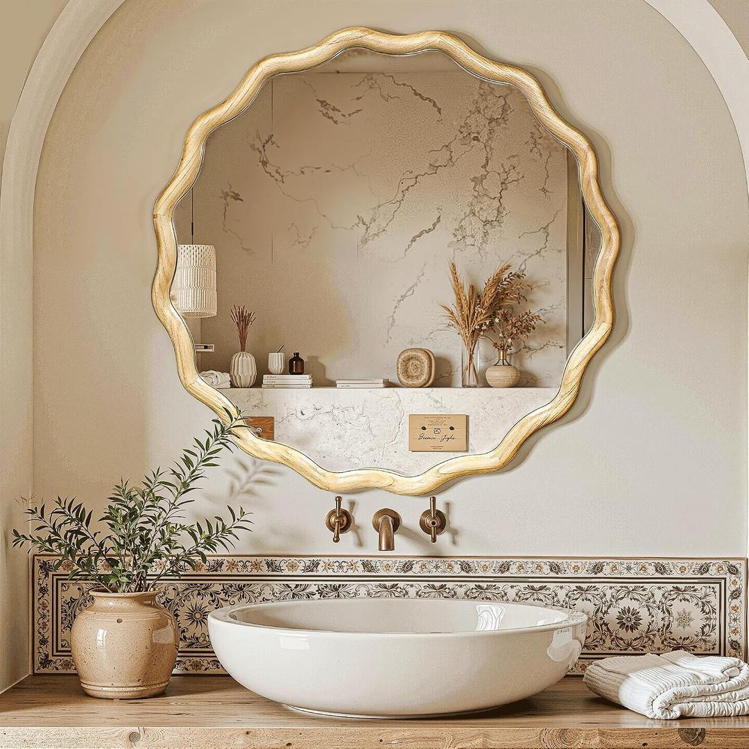 Circle Wood Mirrors for Wall, Wavy Round Bathroom Scalloped Mirror Wooden Frame 28 Inch for Living Room Farmhouse Bedroom Hallway Entryway Living Room with Shatterproof Glass Wall Mounted