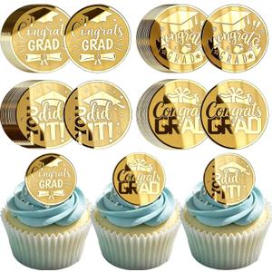 40PCS Graduation Cupcake Toppers, 4 Designs Gold Acrylic Graduation Cake Toppers, Congrats GRAD & You Did It Decorations, Class of 2026 Graduation Party Supplies for High School College Grad Party
