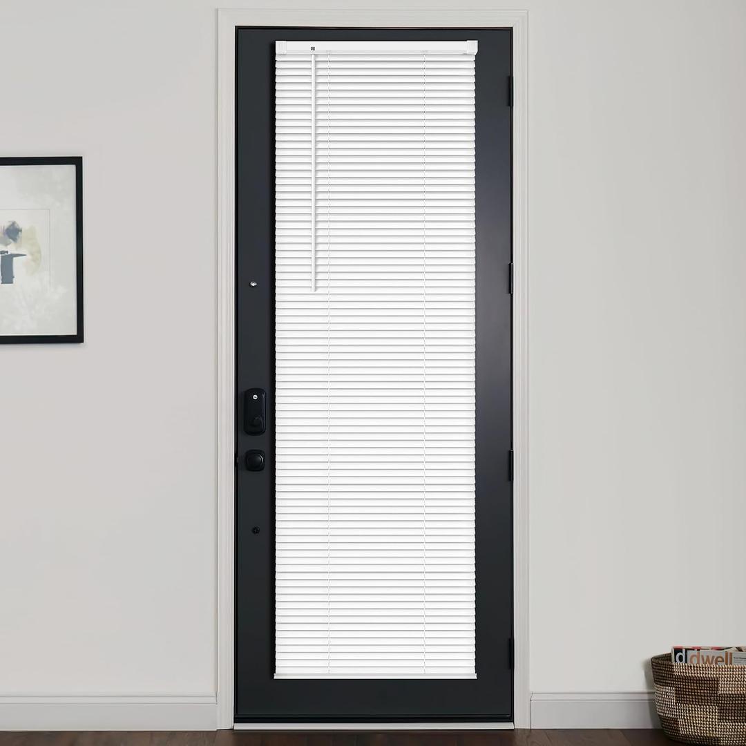 LazBlinds 1" Vinyl Mini Blinds for Doors, Cordless French Door Blinds, Light Filtering Privacy Horizontal Shades for Front Patio Sidelight Glass, 15 3/4" W x 70" H, White, 15.75"W x 70"H