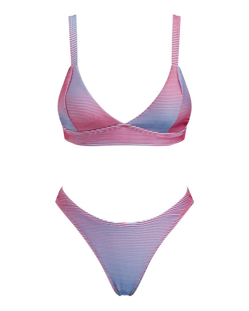 VOLAFA Women's Triangle Bikini Set Textured V Neck Plunging Push Up Cheeky Two Piece Swimsuit Bathing Suit (Medium, Pink Blue) (M)