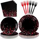 Grencian 96Pcs Black and Red Party Decorations Red Dot on Black Plates and Napkins Disposable Paper Birthday Dinner Tableware Set for Birthday Baby Shower Wedding Halloween Party Supplies, Serves 24
