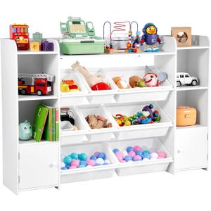 VEVOR Kids Toy Storage and Bookshelf, 4-Tier Large Toy Storage Organizer with 8 Flexible Plastic Bins, Kids Cubby Cabinet with Bookshelf for Study Room, Bedroom, Playroom, Classroom, Nursery, White