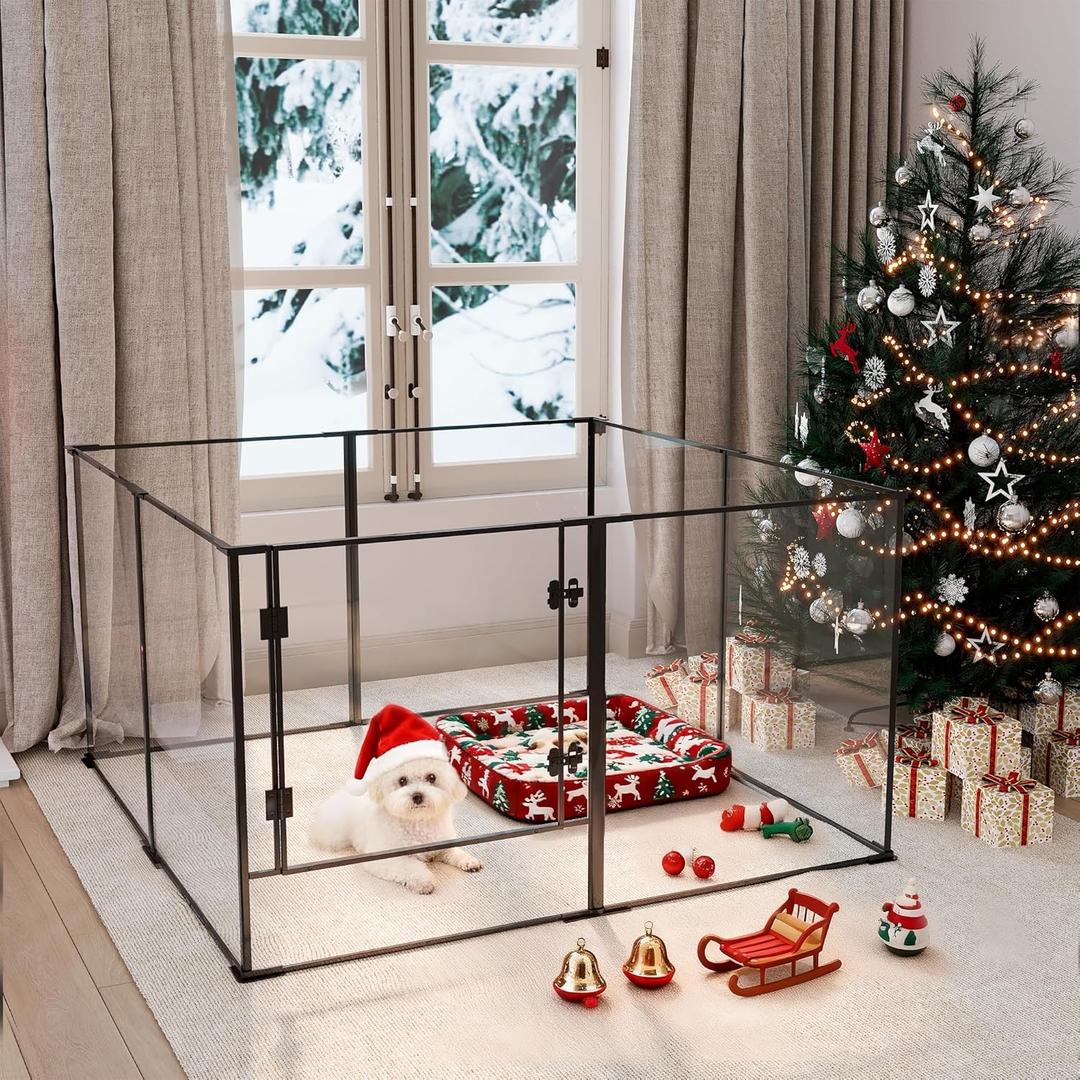 Acrylic Dog playpen Indoor: Clear Puppy Pen for Small Medium Dogs Cats with Metal Frame - 8panels 30inch Tall Transparent pet Fence with Door for Rabbits Guinea Pig