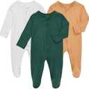 Aablexema Baby Pajamas Bamboo Rayon Zipper, 3pcs Unisex Infant Outfit with Mitten One Piece Footie Sleepwear (6-12 Months, White & Khaki Yellow & Green)