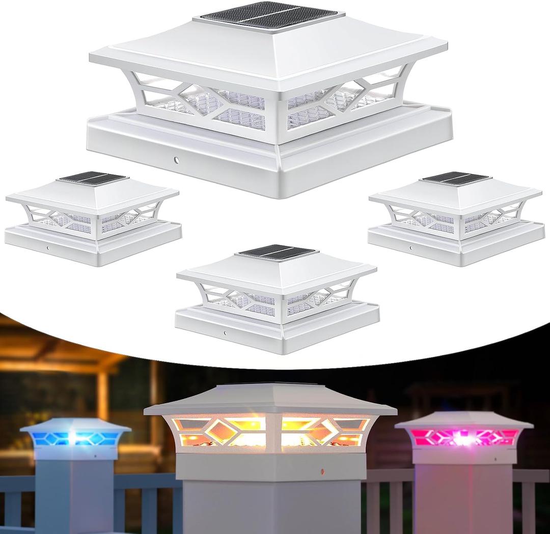 APONUO Solar Post Cap Lights with 8 RGB Colors and Multicolor Flow, Ultra-Bright Clear Lens, IP65 Waterproof for 4x4 5x5 6x6 Wood & Vinyl Fence Posts, 4 Pack White