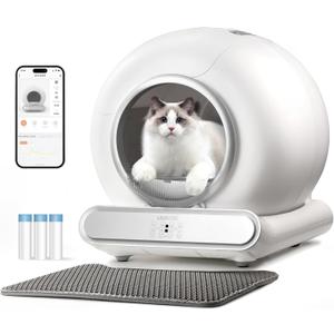 Self Cleaning Cat Litter Box, Ultra-Safe Protection Automatic Cat Litter Box, APP Control/Lower Entry/Large Capacity with 3 Rolls Liners & Mat, 65L