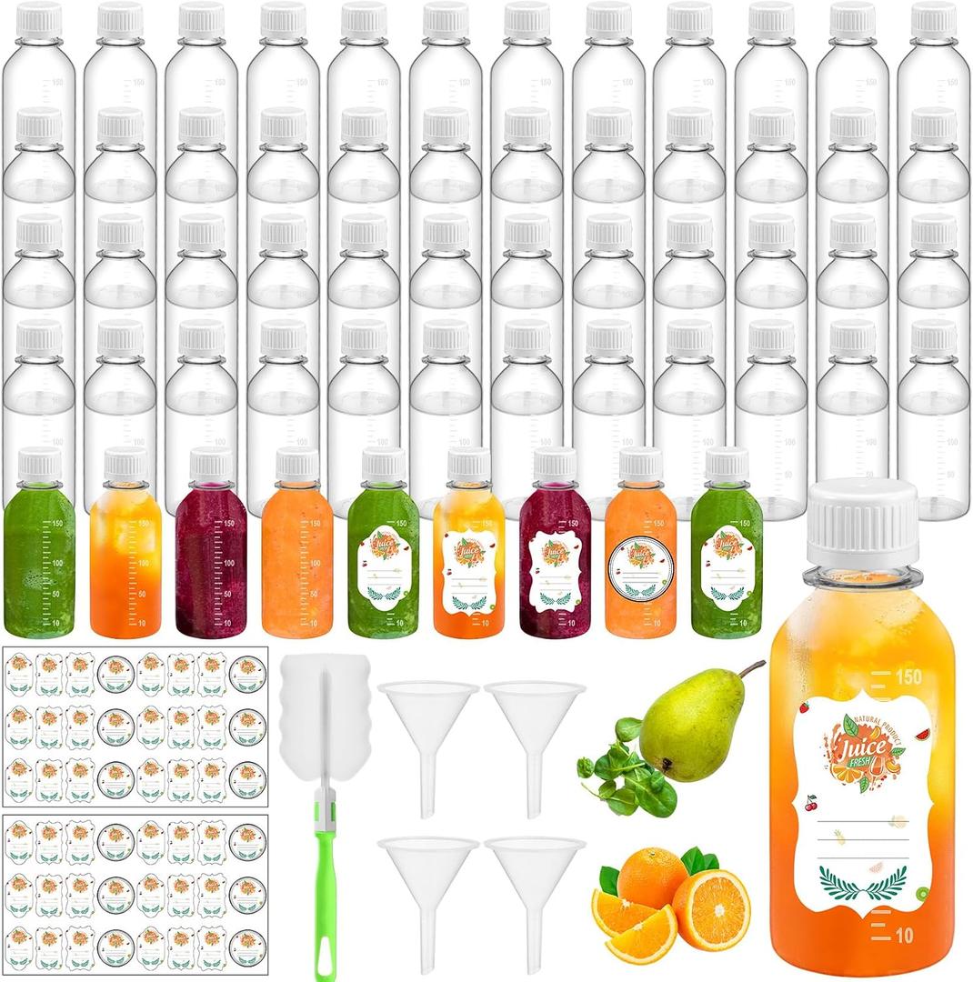 LemonRoad 50 Pcs 5 oz Small Plastic Juice Bottles with White Cap Mini Reusable Clear Shot Jar with Lid Scale and Label for Ginger Liquid Drink Milk Beer Coffee Storage Container Portable Travel