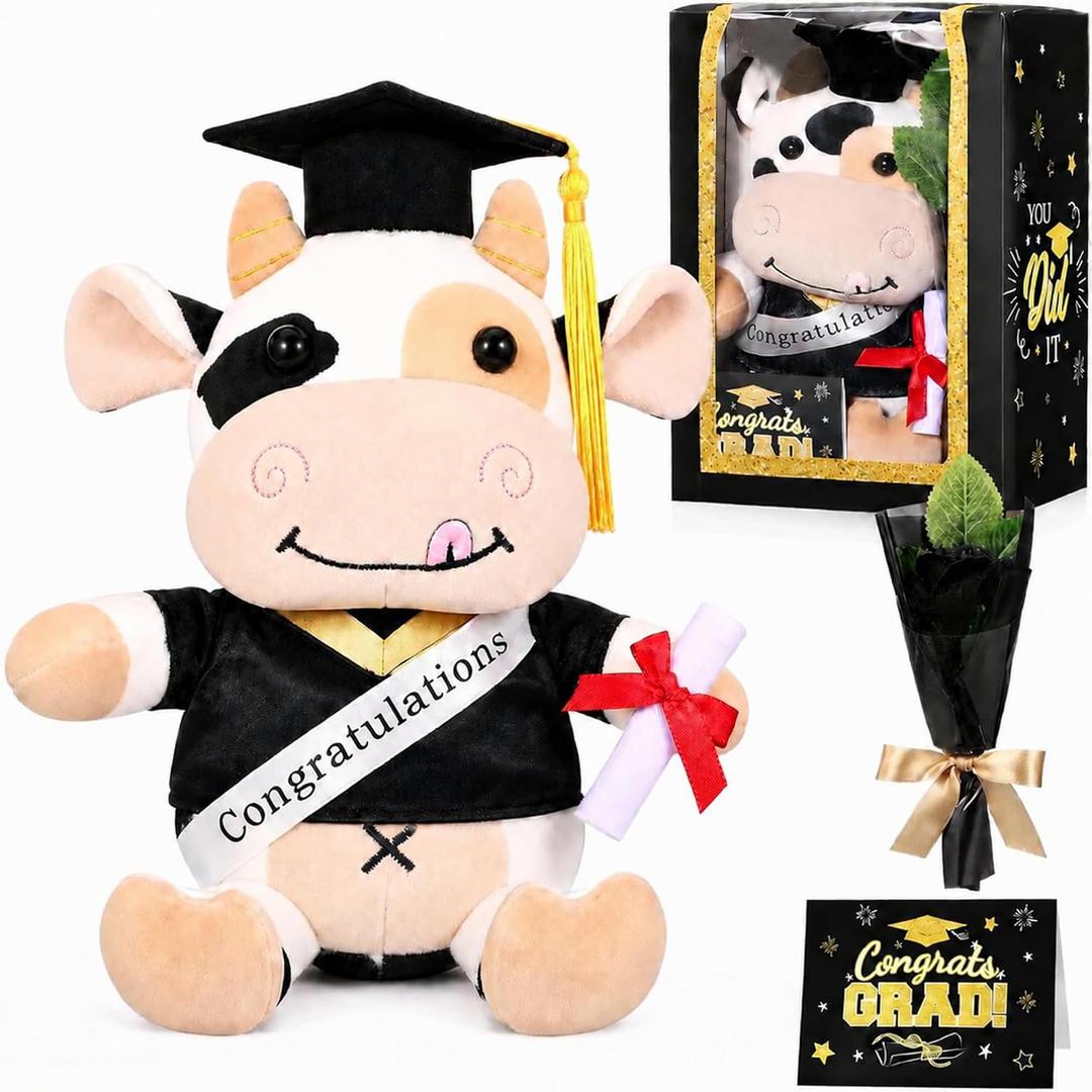 Hollowfly Graduation Cow Gifts Set Include Graduation Cow of 2026 Stuffed Animal with Cap and Gown, Artificial Flower, Graduate Gift Box with Window and Greeting Card for Him or Her(Black, Gold)