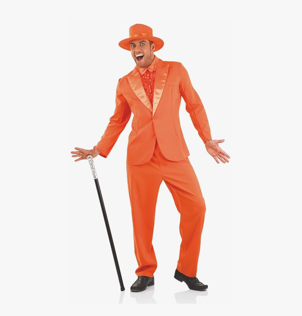 fun shack Tuxedo Costume for Men – Orange or Blue Suit – Funny 90s Movie Character Outfit for Halloween, Size M