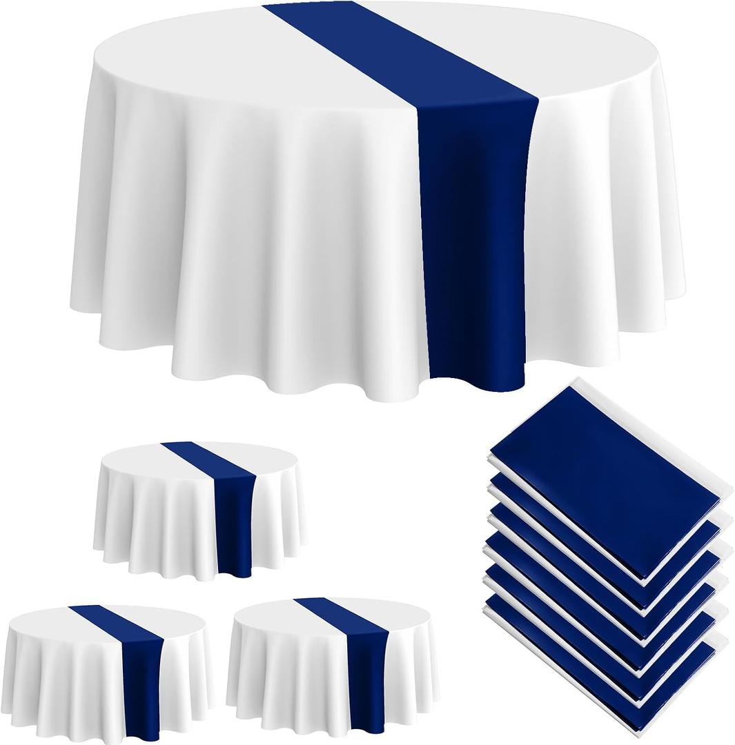 Oudain 6 Pcs Round Plastic Disposable Tablecloth 84 Inch Stain and Wrinkle Resistant Table Cover Tablecloths for Graduation Birthday Party Wedding Baby Shower Decoration(White, Navy Blue)