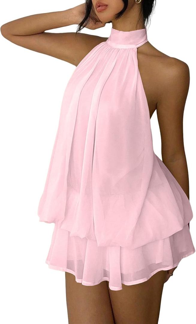 Women's Chiffon Halter Drop Waist Mini Dress Wedding Guest Dresses Ruffle Formal Holiday Club Brunch Outfits (Pink, S)