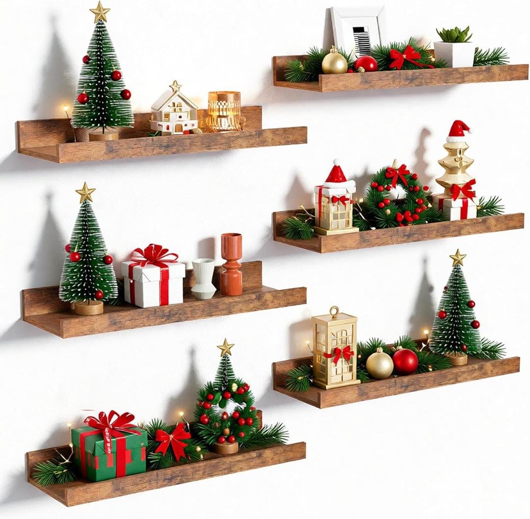upsimples Floating Shelves for Wall, Wall Shelves for Decor Storage Set of 6, Wall Mounted Wood Shelf for Bedroom, Living Room, Bathroom, Kitchen, Picture Ledge Shelf, Brown (15.7in)