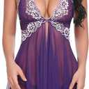Avidlove Women Lingerie Lace Babydoll V Neck Nightwear Strap Chemise Lingerie Purple L