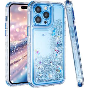 Tikoo Designed for iPhone 14 Pro Max Case Glitter for Women Girl Clear 3-in-1 Heavy Duty Protective Phone Cover with Floating Liquid Quicksand Bling Sparkly Cute Case for iPhone 14 pro Max (Blue)