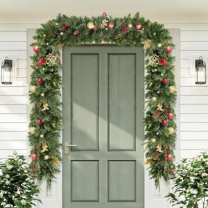 9FT Pre-Lit Artificial Christmas Garland with 50 Led Light, Green, Decorated with Pine Cones, Glitter Powder Gold Ball, Christmas Collection Indoor Outdoor Decor