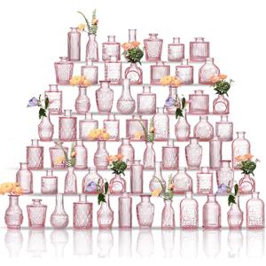 Glass Bud Vases Set of 64 - Pink Assorted Small Mini Glass Vases for Flowers, Crystal Vintage Vase Set, Bulk Centerpieces for Table Dcor, Wedding, Home and Events (Pink, 64 Pcs)