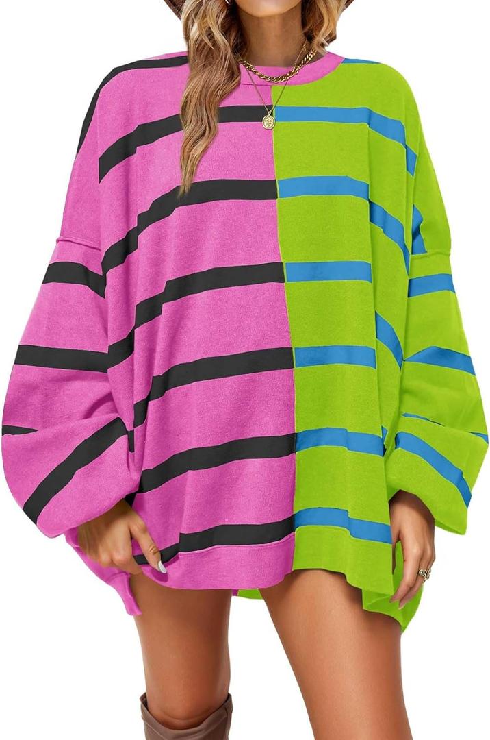 Fisoew Womens Striped Pullover Sweater Crew Neck Long Sleeve Knitted Color Block Casual Loose Lightweight Sweaters for Women (Large, Rose Red)