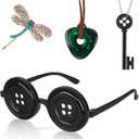 4 Pcs Accessories Fit for Cosplay Costume, Button Eyes Glasses, Key Necklace, Hair Clip, Green Stone Set Halloween Merchandise, Christmas Birthday Gift for Women Men and Fans