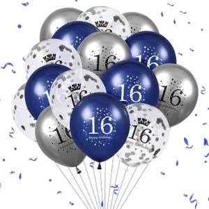 Blue 16th Birthday Balloons for Boys, 15Pcs Navy Blue Silver Happy 16th Birthday Decorations Balloons for Boys Girls 16 Years Old Party Indoor Outdoor Decor Supplies 12 inches