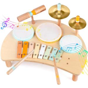 Kids Drum Set, Montessori Musical Instruments for Toddlers 1-3, Wooden Musical Toys for Babies, Preschool Educational Baby Drum Kit with Xylophone, Birthday Gift for Boys Girls