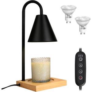Candle Warmer Lamp, Dimmable Candle Warmer Lamp for Jar Candles, Electric Candle Warmer Lamp with Timer 2H/4H/8H Nightstand Lamp for Bedroom (2 Wax Warmer Bulbs) (Wood)