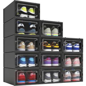 12 Pack Shoe Organizer Boxes, Black Plastic Stackable Shoe Storage Bins For Closet, Space Saving Shoe Holder Sneaker Display Case for Medium Size Shoes