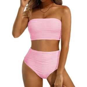 High Waisted Bandeau Bikini Set - Women Strapless Two Piece Swimsuits Ribbed Longline Full Coverage Bathing Suits Swimwear (Large, Light Pink)
