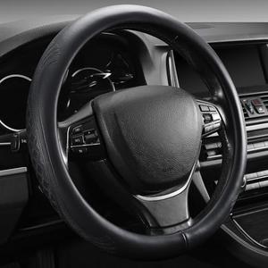 PJBTYZ 【2025 Model】 High-Grade Real Cowhide Steering Wheel Cover，Black Genuine Leather Steering Wheel Cover for Cars, Universal 15 inch Steering Wheels, Grid & Square Motif